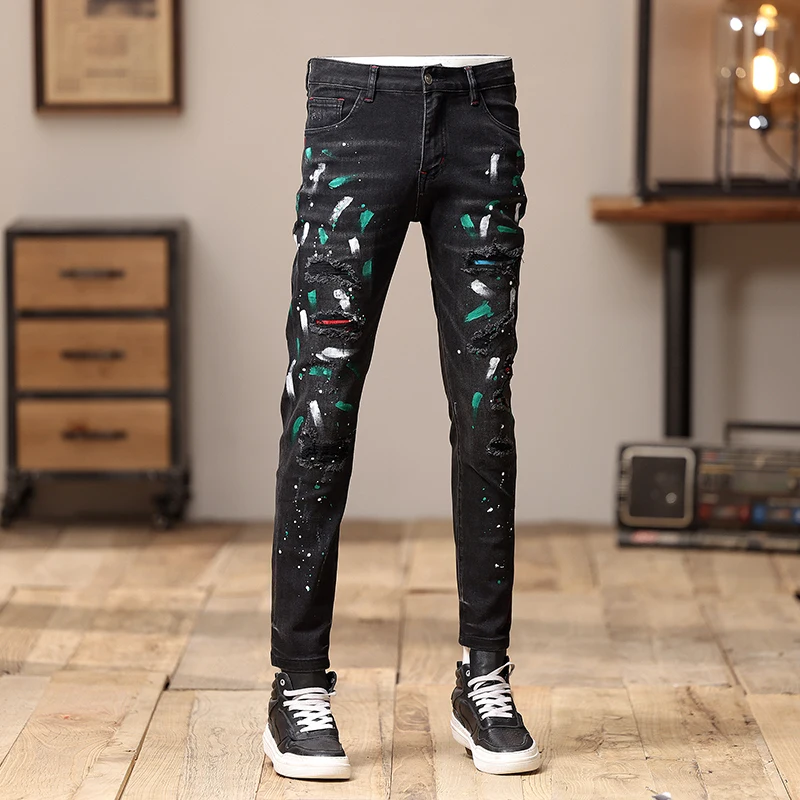 Streetwear Fashion Men Jeans Retro Black Gray Stretch Skinny Fit Ripped Jeans Men Painted Designer Splashed Hip Hop Denim Pants