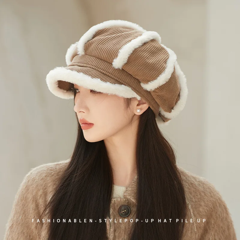 Women Autumn Winter Thick Fleece Bucket Hat, Korean Style Corduroy Ear‑Flap Hat, Fashion Versatile Newsboy Cabbie Cap with Brim 2