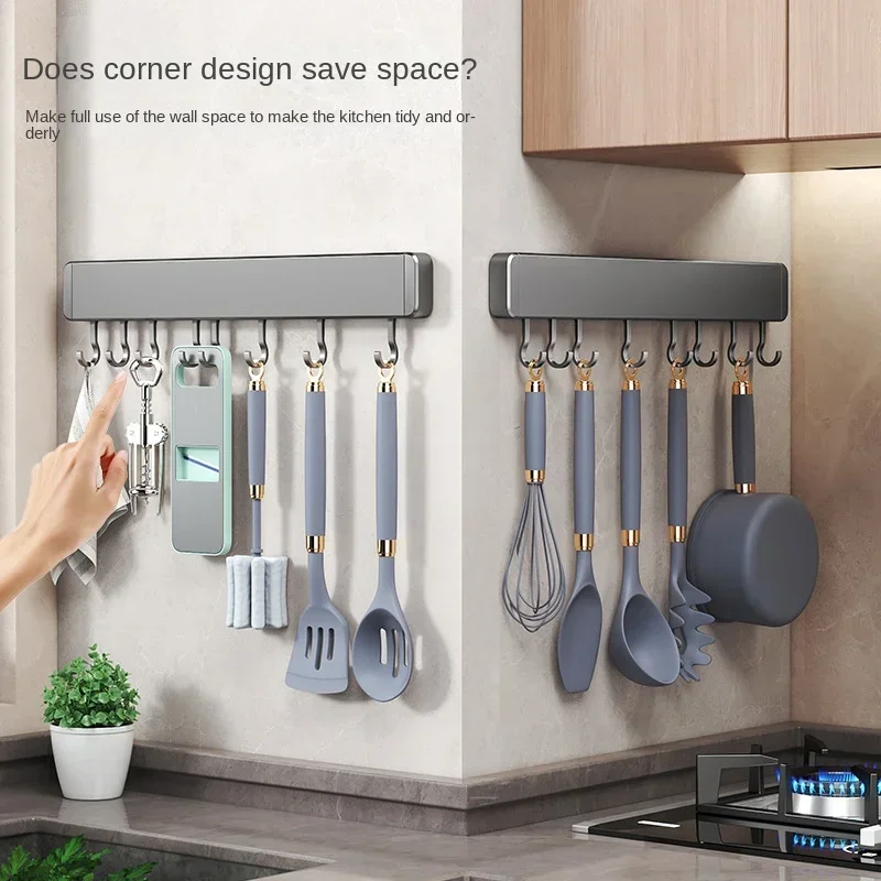 Kitchen Storage Rack Non-perforated shelves Wall Mounted with Movable hook Spoon Holder Organizer Kitchen Utensil Accessories