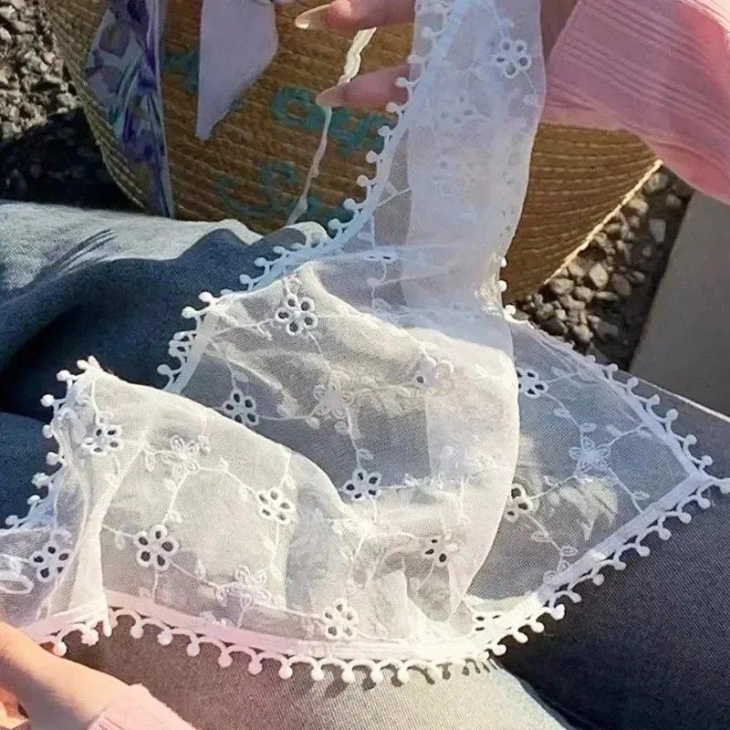 

New Floral Lace Mesh Hair Scarf for Girls French Woven White Flower Triangle Pastoral Headdress Travel Turban Scarf Hair Band