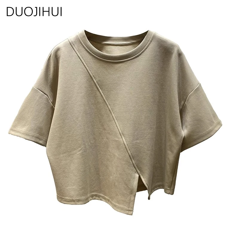 DUOJIHUI Green Summer Classic Irregular Chic Split Women T-shirts Korean Basic O-neck Solid Color Fashion Simple Female T-shirts