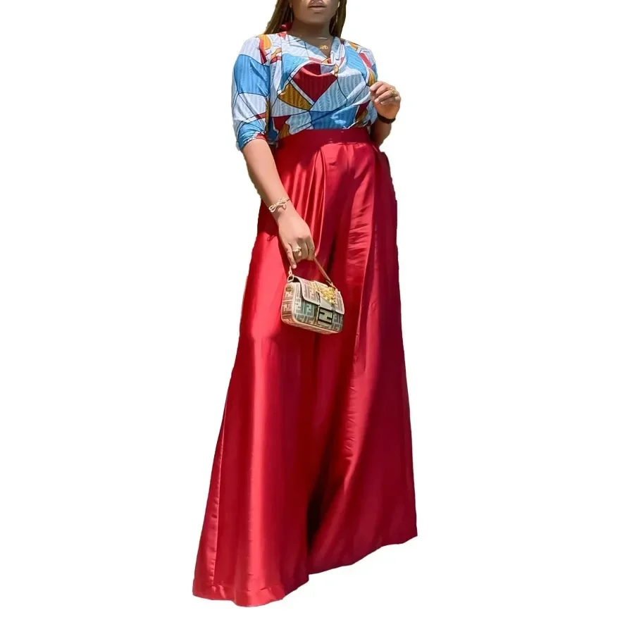 2024 أحمر أزرق 2 قطعة الملابس الأفريقية للنساء الصيف أفريقيا نصف كم البوليستر طباعة أعلى بانت مطابقة مجموعات أفريقيا الملابس