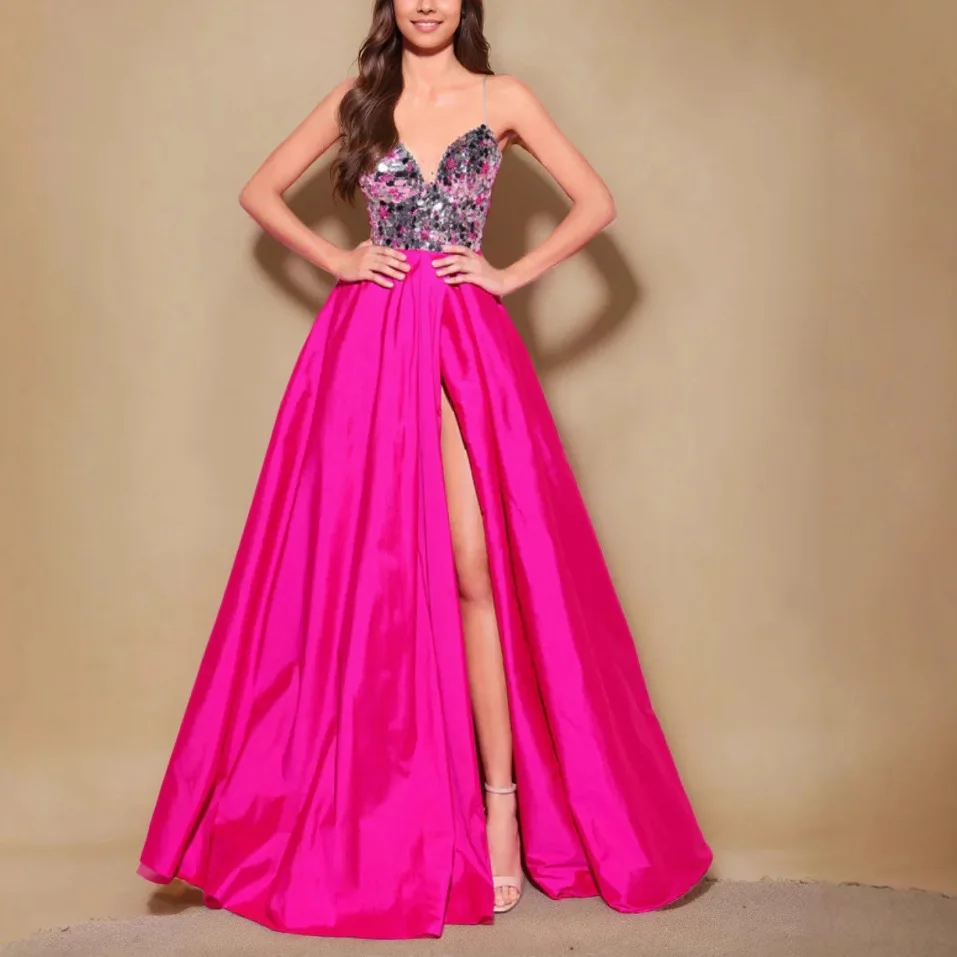 2025 جديد مزدوج اللون الترتر سبليت مثير خارج على الكتف العميق الخامس الرقبة الكرة ثوب مساء اللباس