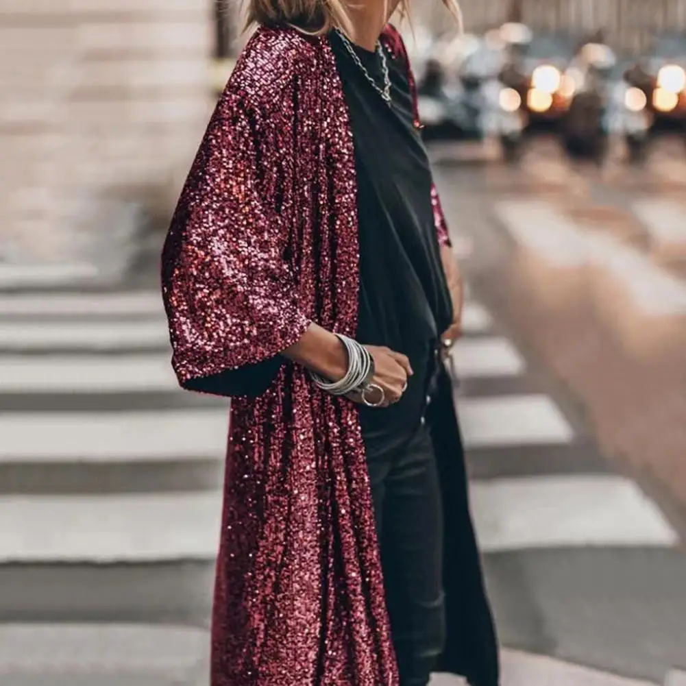 

Women Sequin Coat Sparkling Sequin Women's Cardigan Coat for Parties Wear Mid Length Three Quarter Sleeves Jacket with Shiny