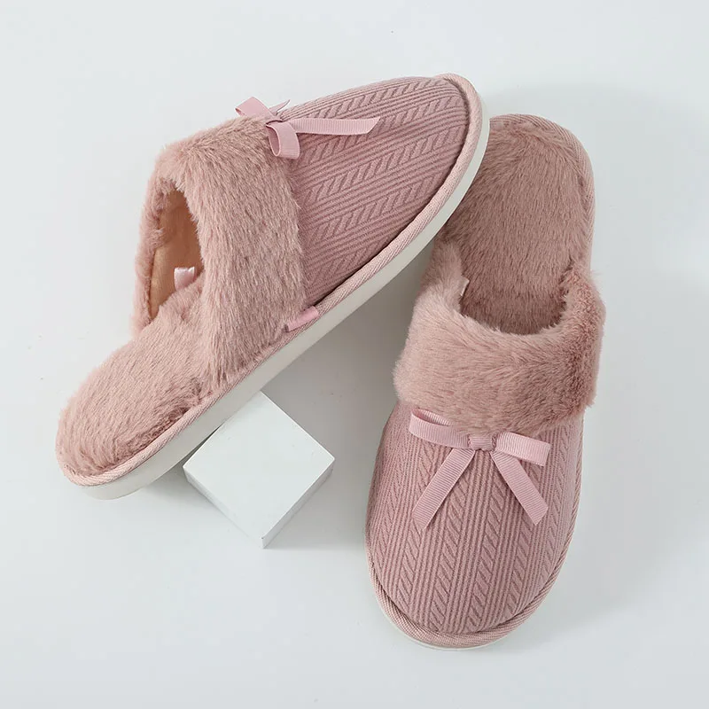 Smile Winter Soft Cotton Slippers Home Warm Non Slip Slippers New Cute Bow Plush Slippers Fluffy Soft Sole Slippers Ladies