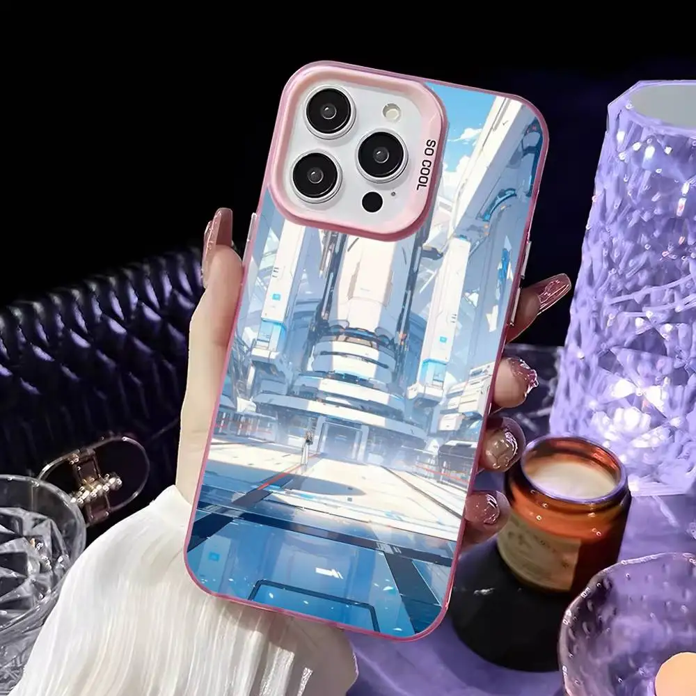 حافظة هاتف معمارية الخيال العلمي باللونين الأزرق والأبيض لهواتف iPhone 16,15,14,13,12,11,Mini,Pro,MAX غطاء وردي غير لامع مقاوم للصدمات #4