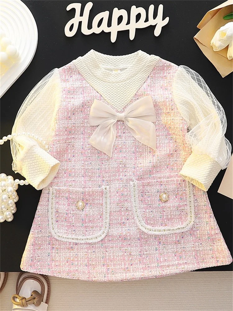 Elegante kinder Kleider Für Mädchen Mode Bogen Langarm Prinzessin Kinder Geburtstag Party Kleid Frühling Weiche Baby Kleidung Outfit – Detail 1