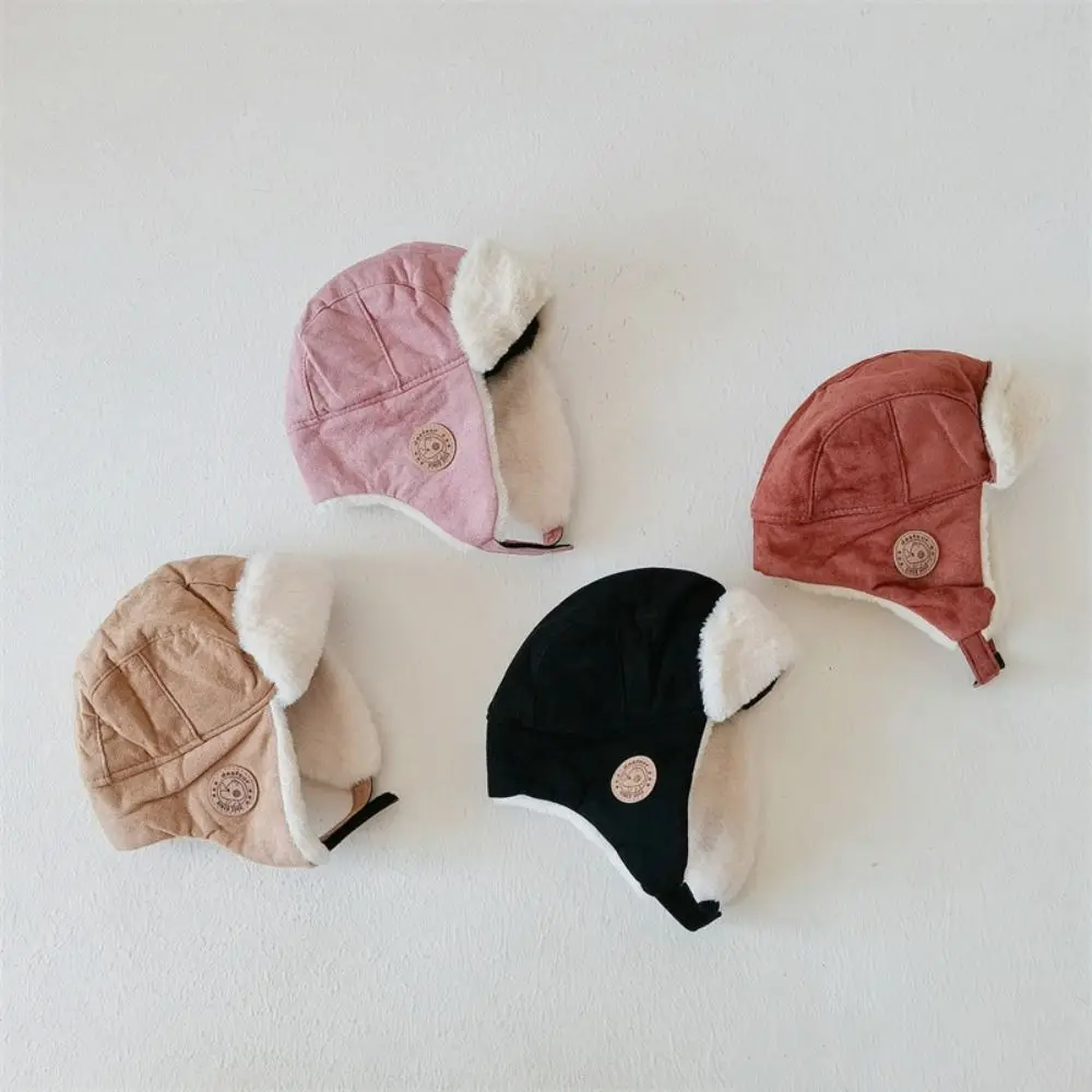 

Cute Warm Kids Caps Thick Windproof Bomber Hat Solid Faux Fur Winter Hat Boys Girls