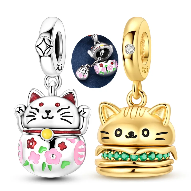 925 Sterling Silver Charms Openable Maneki Neko Cat Burger Pendant Beads Fit Original Bracelet Necklace DIY Jewelry Wholesale