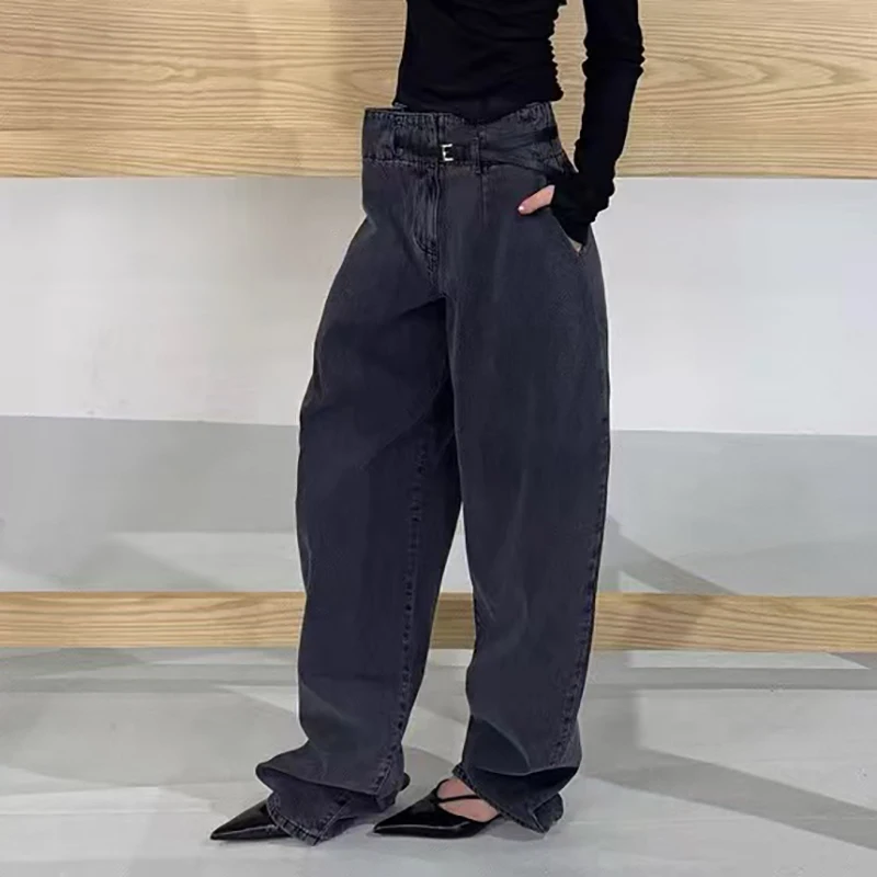 

Women's high-waisted washed denim trousers, belted wide-leg trousers, fashionable and versatile long trousers, autumn, new style