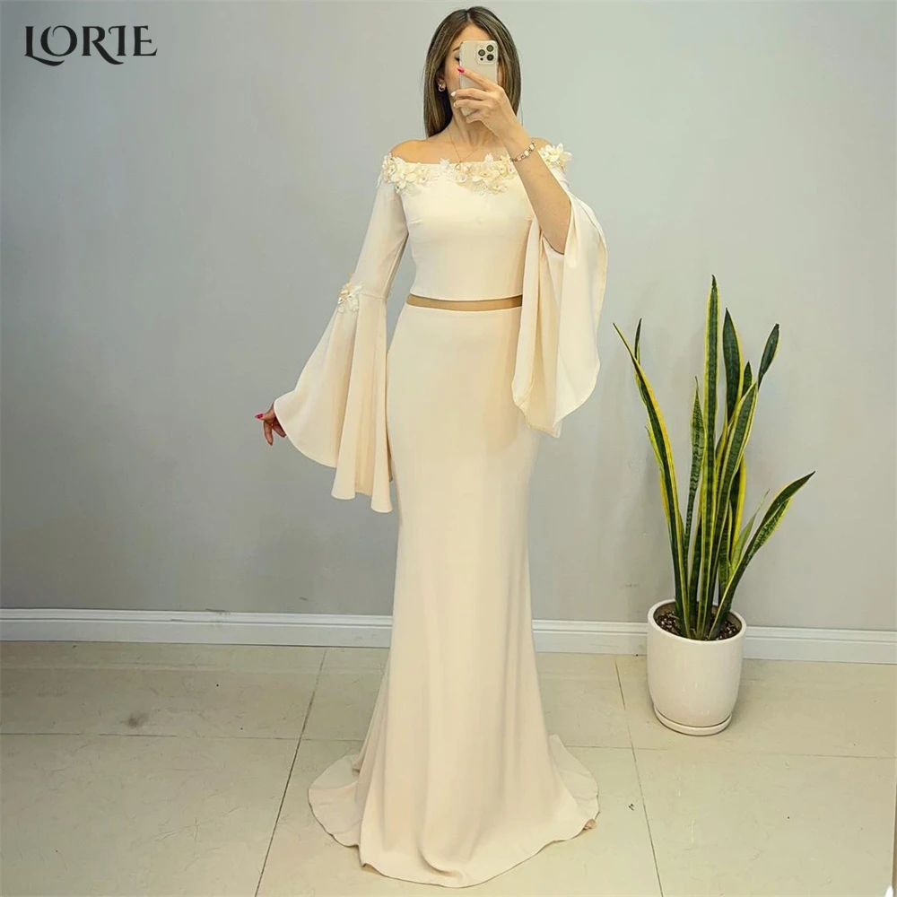 LORIE Two Pieces Mermaid Evening Dresses Off Shoulder Flowers Flare Sleeves Elastic Satin Prom Dress Arabia Bride Party Gowns