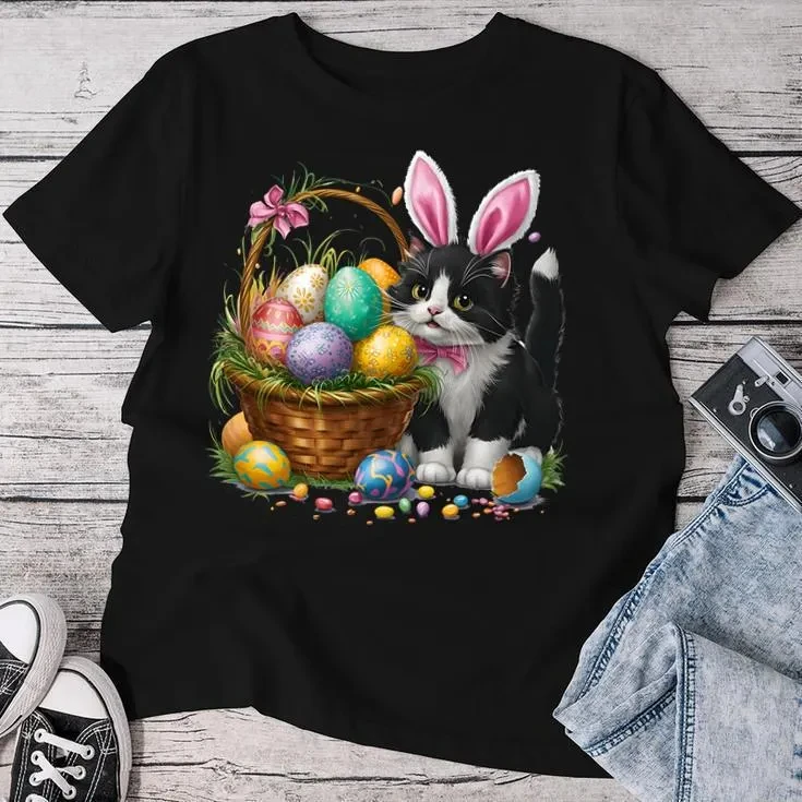 Giorno di Pasqua Gatto Orecchie da coniglio Uova Grafica Uomo Donna Bambini T-shirt divertenti Camicie per donna T-shirt grafiche
