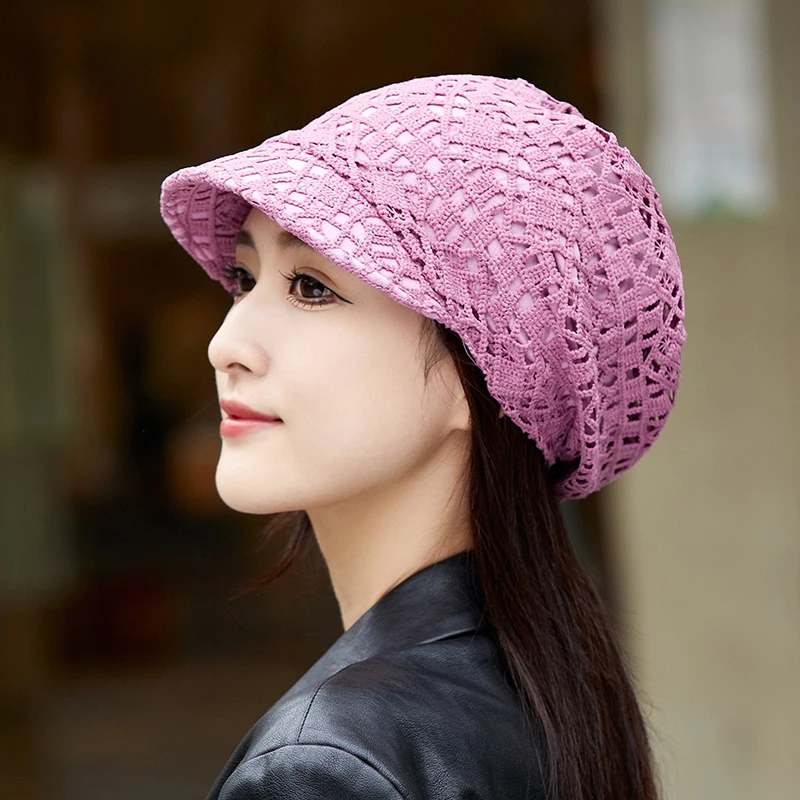 Casual Soft Beanies Cap Short Brim Bonnets for Women Loose Crochet Women Baseball Cap Autumn Winter Foldable Earflap Hats Hollow