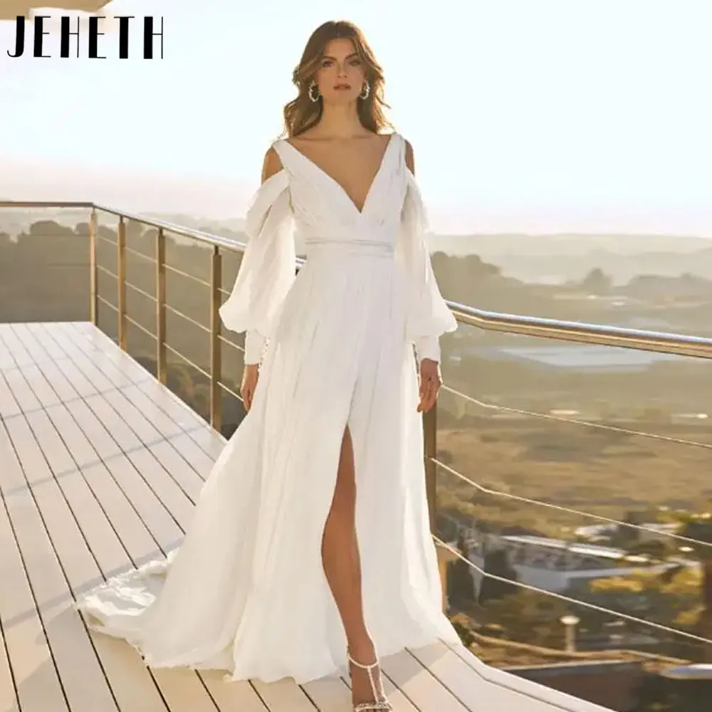 JEHETH Eenvoudige V-hals lange jurk met pofmouwen en trouwjurk 2024 Elegante chiffon A-lijn bruidsjurk met rugloze kant split Vestido De NoviaJEHETH Eenvoudige V-hals lange jurk met pofmouwen en trouwjurk 2024 Elegante