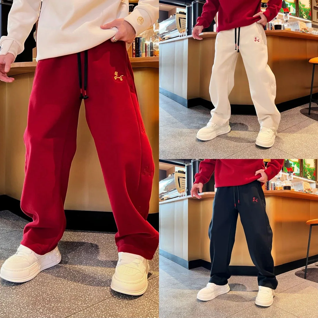 

New Men's Comfortable Loose Fit Sporty Casual Pants Embroidered Straight Leg Color Block Pure Color Trendy Sweatpants