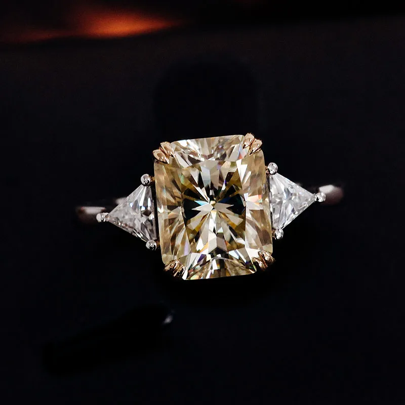 Provence 18K/14K/10K White and Yellow Gold 4ct D Color VVS1 GRA Certified Radiant Cut Champagne Moissanite Three Stone Ring