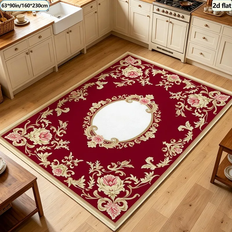Luxury Red European Floral Border Carpet Flooring Square Area Rug Non‑Slip Washable Floor Carpet for Living Room Home Decor
