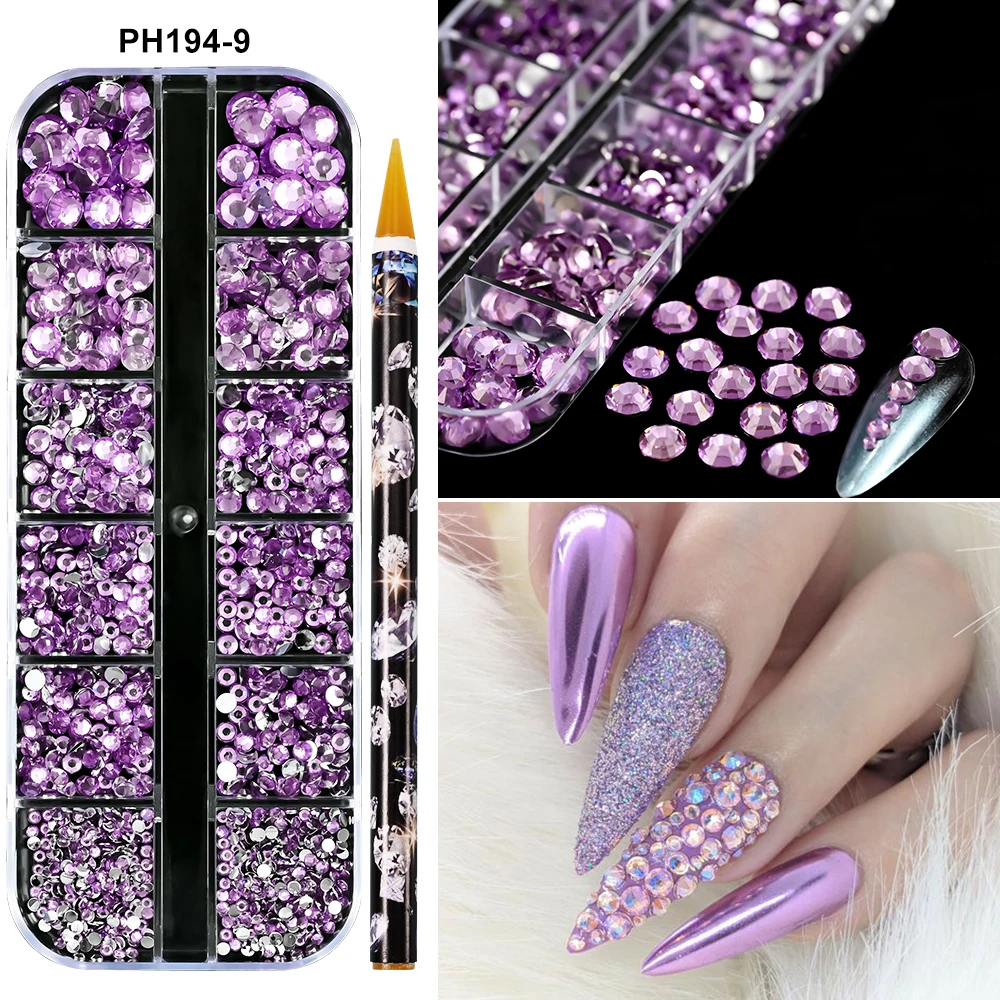 12 gemme di cristallo di vetro verde griglia strass per Nail Art con raccoglitore Mix SS6-SS30 Mini perline di diamanti con retro piatto ciondoli per unghie 3D lucidi