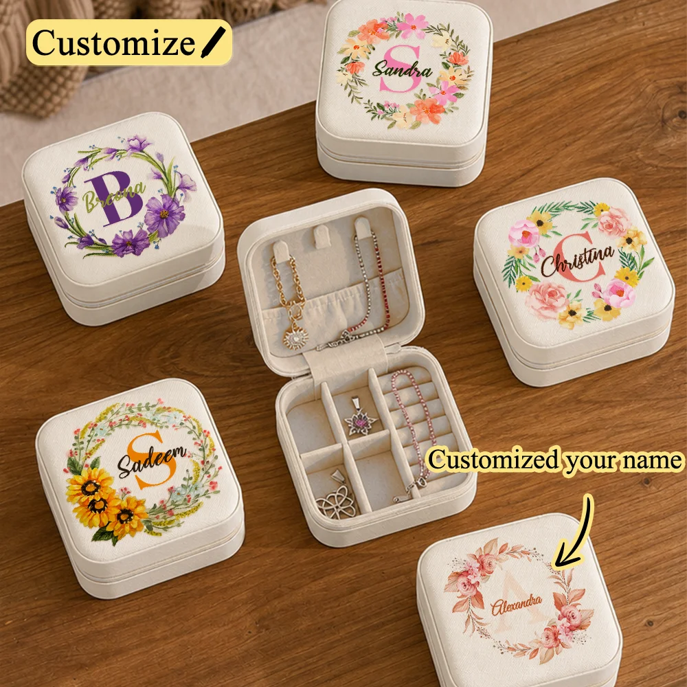 Personalized Floral Leather Travel Jewelry Case,Custom Travel Jewelry Box,Gifts for Her,Christmas Gifts,Bridesmaid Gift