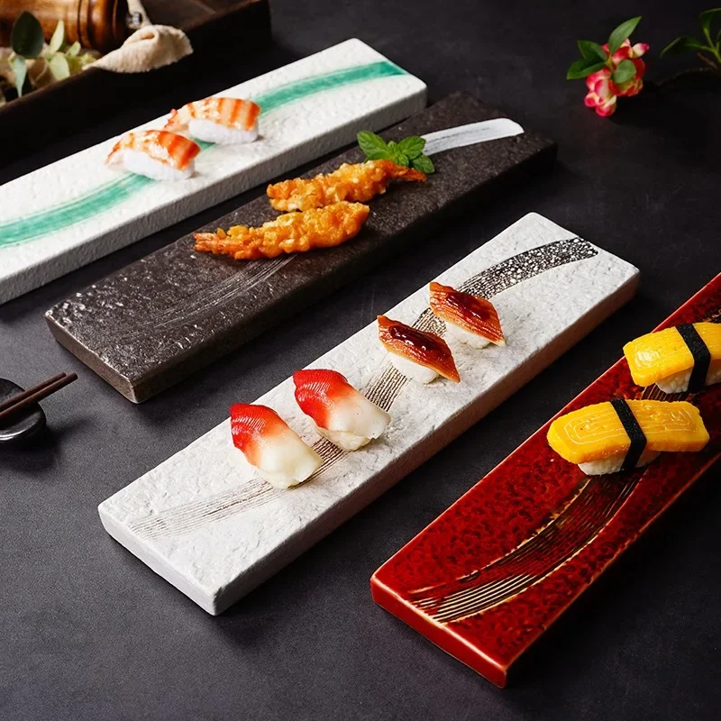 

Japanese-Style Long Sushi Plate Stone Pattern Rectangular Bird-Burning Plate Creative Long Flat Plate Vintage Ceramic Barbecue