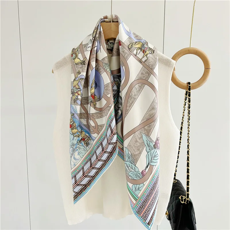 Double-sided Pure Mulberry Silk Scarf Hem Rolled Scarfs 90cm Designer TWO Print bandannas 100 % Natural Silk Mulberry Shawls