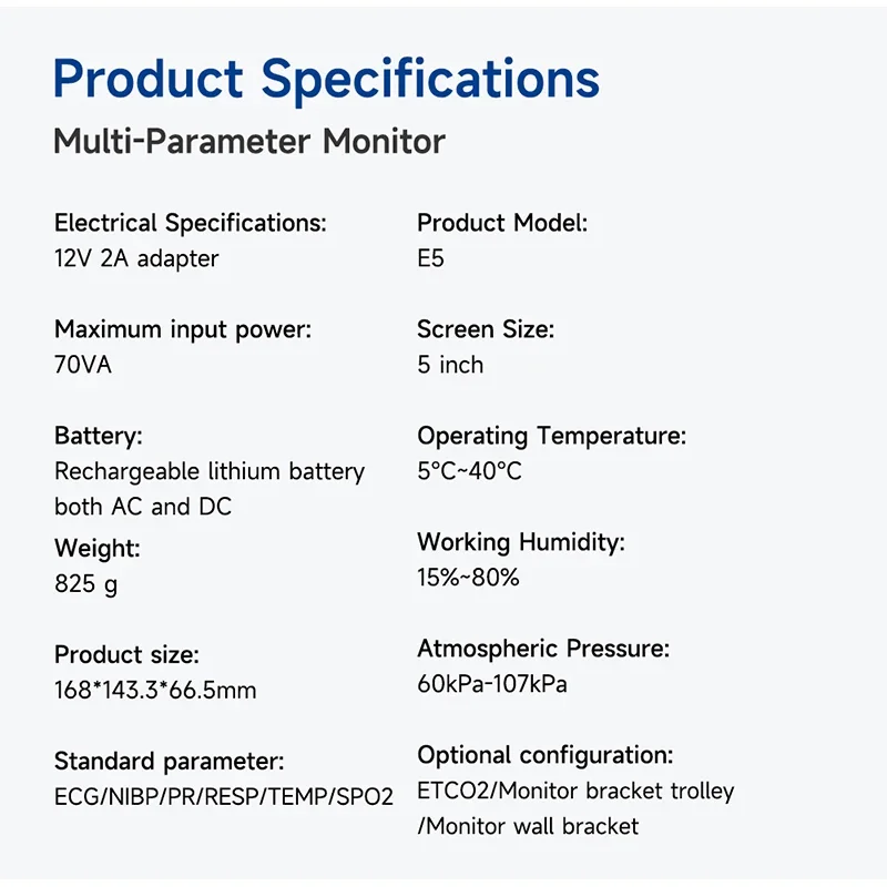 Resoxy E5 Multi Parameter Patient Monitor ECG SpO2 NIBP RESP TEMP Vital Signs Monitor 5 Inch Touch Screen Portable Device