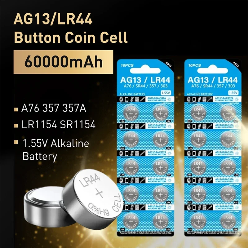 10 buah baterai tombol LR44 AG13 1.55V LR 44 L1154 RW82 SR1154 SP76 Pila SR44 A76 LR1154 GP7 baterai Remote mainan jam koin sel