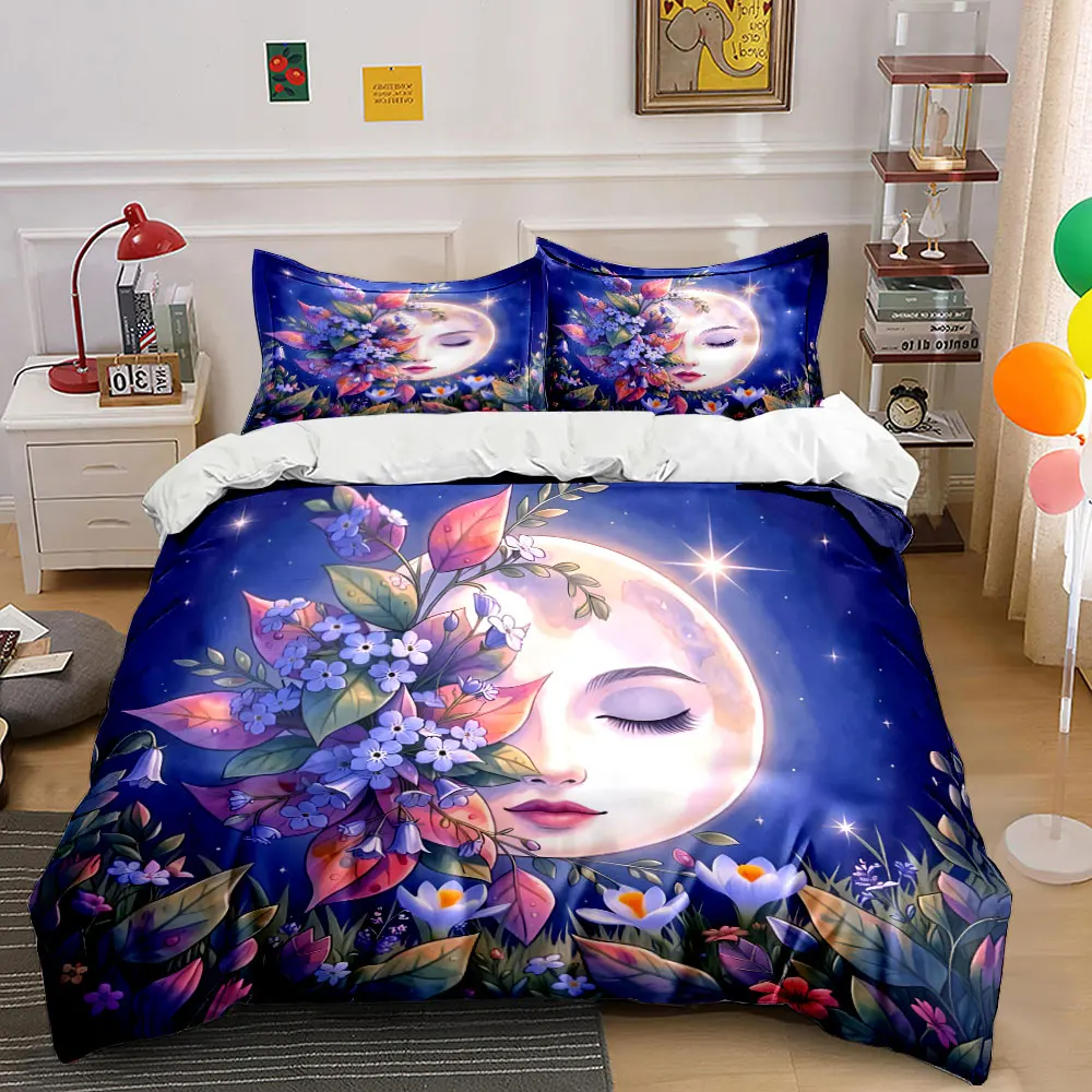 

Night sky, moonlight, and blooming flowers Pattern Duvet Cover Set Digital Print Colorful Polyester Bedding with Zipper Closur