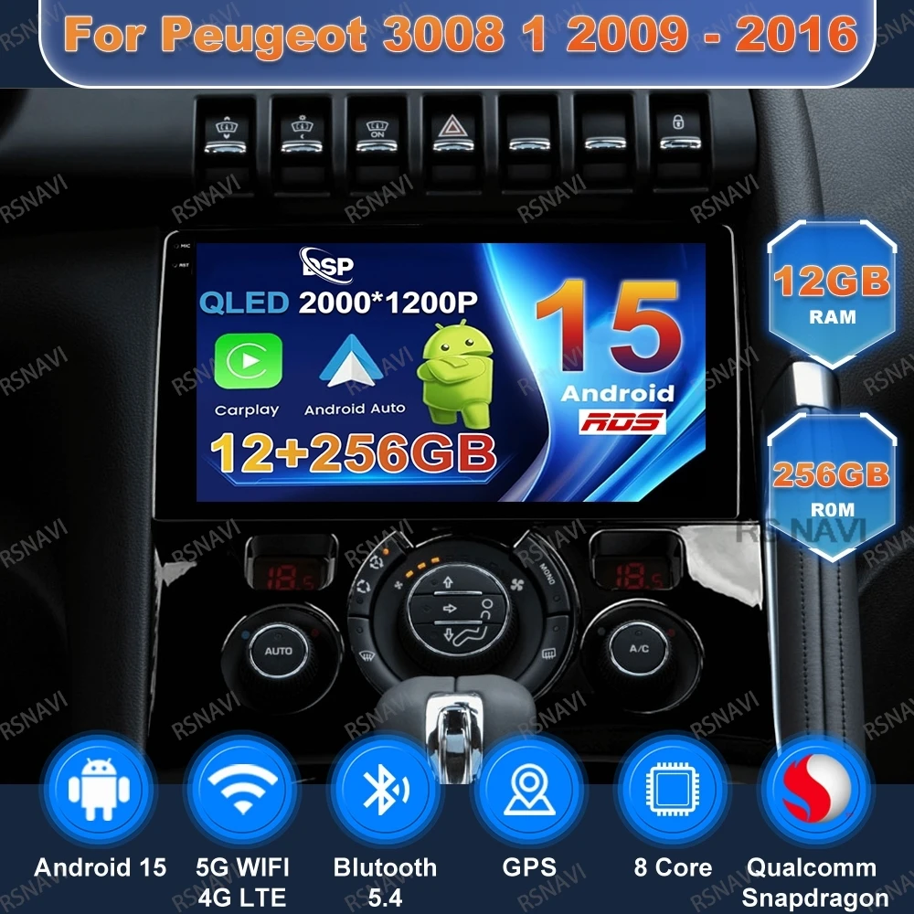 Android 15 Radio del coche para Peugeot 3008 1 2009 - 2016 Viedo Player Qualcomm navegación 4G LTE BT DVD Autoradio unidad principal GPS QLED