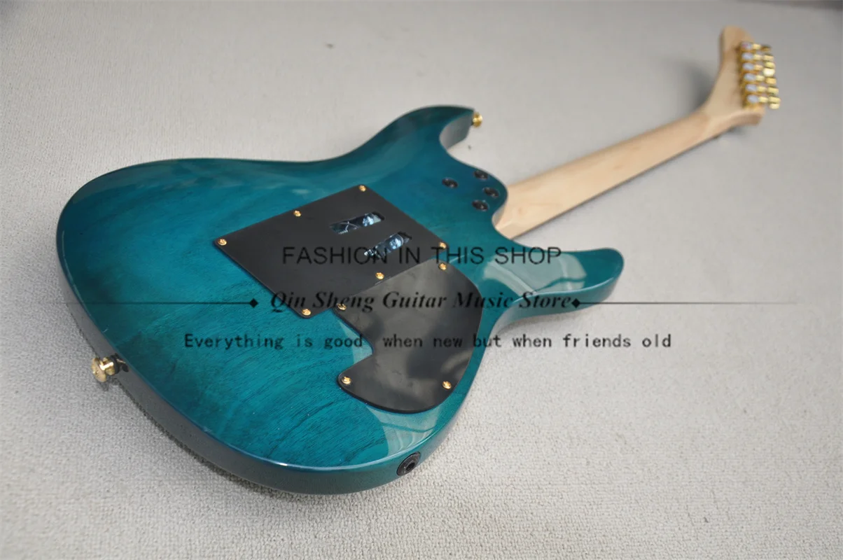 Left-hand Electric Guitar, Blue-Ring Wood-Colored Guitar, Ultra-Thin Guitar, Grooved Fretboard Inlay, Golden Tremolo Bridge