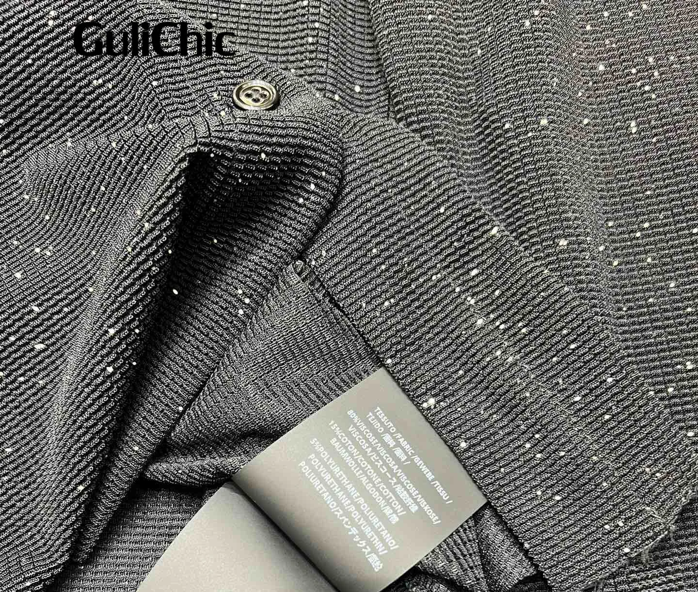 8.5 GuliChic High Quality 2024 Women Bling Bling Decoration Design Blouse Lapel Single Breasted Comfortable Stretch Slim Shirt