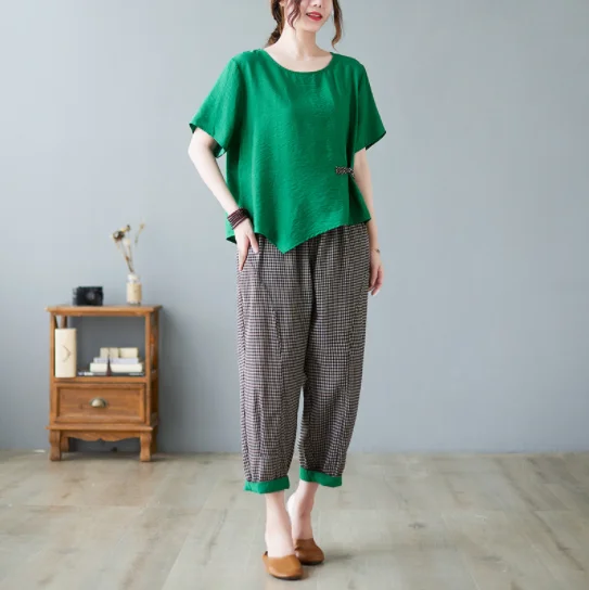 Summer Autumn Cotton 2pcs/set Women Loose T-shirt+Ankle-length Haren Pants 2023 Summer Vintage StyleTop+ Pant Suits