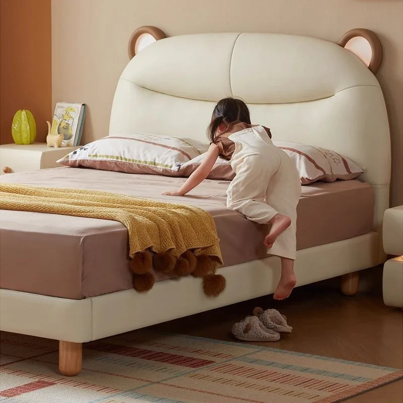 

leather bedroom bed small apartment single princess bed bear ears lamp solid wood bed