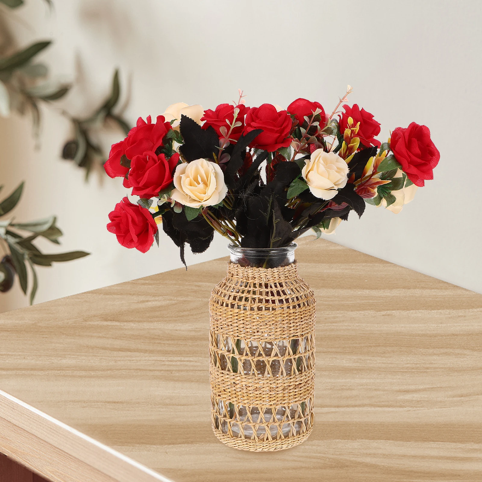 

Rattan Glass Vase Home Decor Dried Flower Container Arrangement Woven Boho Simple Art Planter Retro Style Indoor Ornament Plant