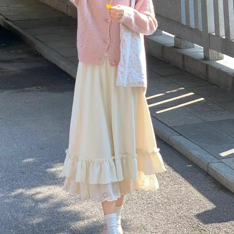 

Нежная абрикосовая женская осенне-зимняя длинная юбка трапециевидной формы с кружевным тортом