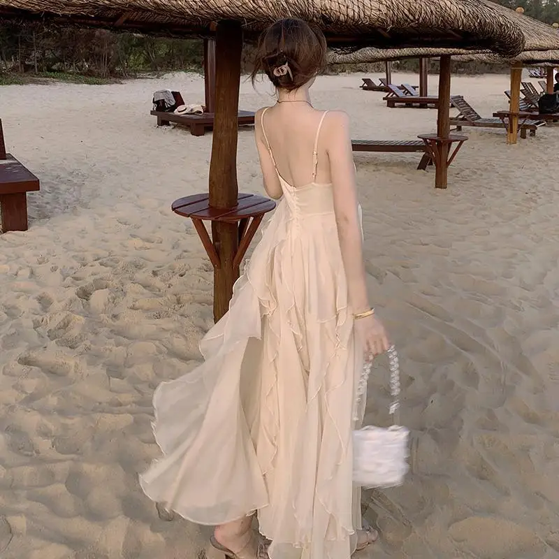 Spring Summer Suspender Chiffon Beach Style Dress Spaghetti Strap Slash Neck Solid Robes Sexy Elegant Backless Dress for Women