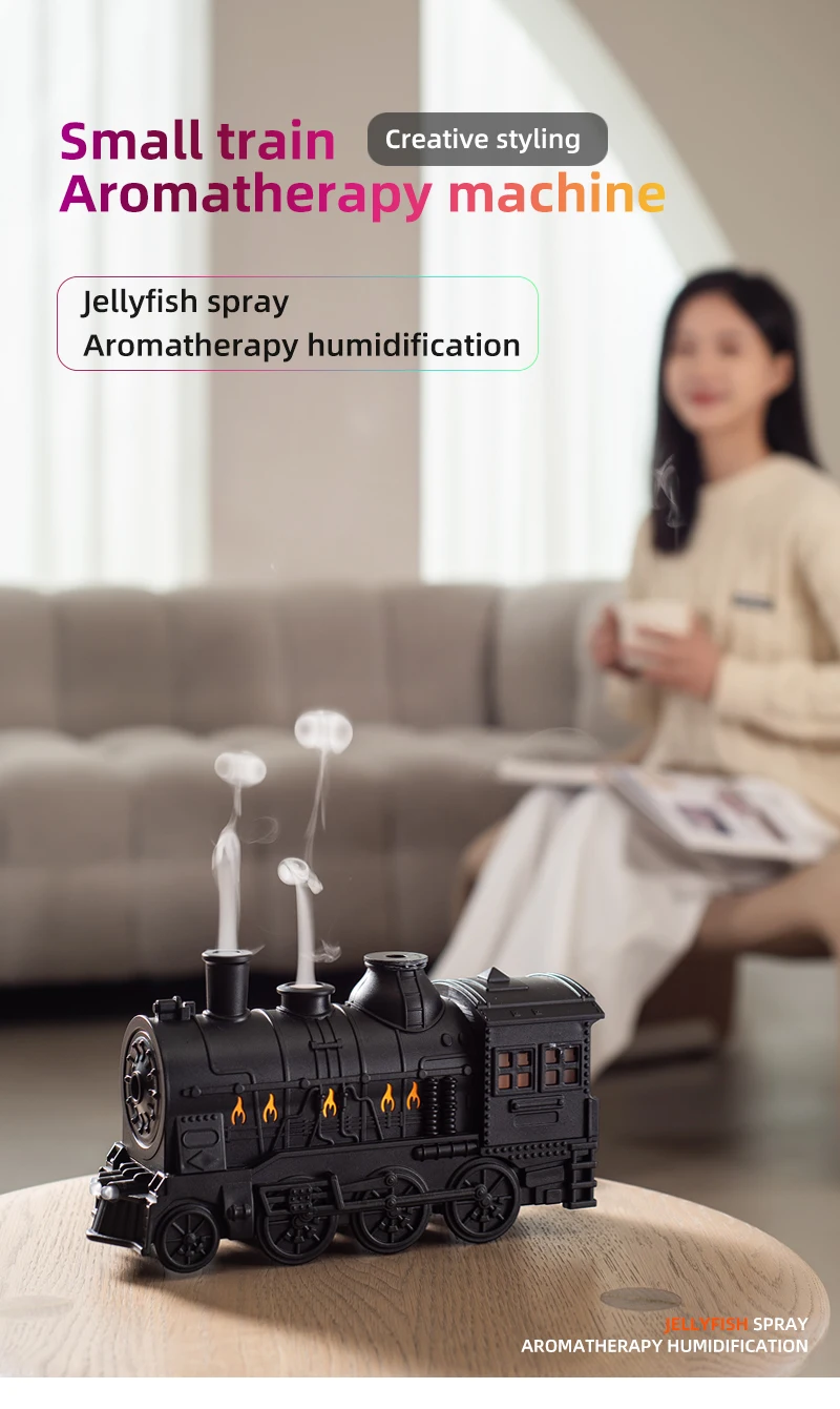 Creative Vintage Train Locomotive Air Humidifier Aromatherapy Diffuser Sprayer with Jellyfish Smoke Ring /Essential Oil Set
