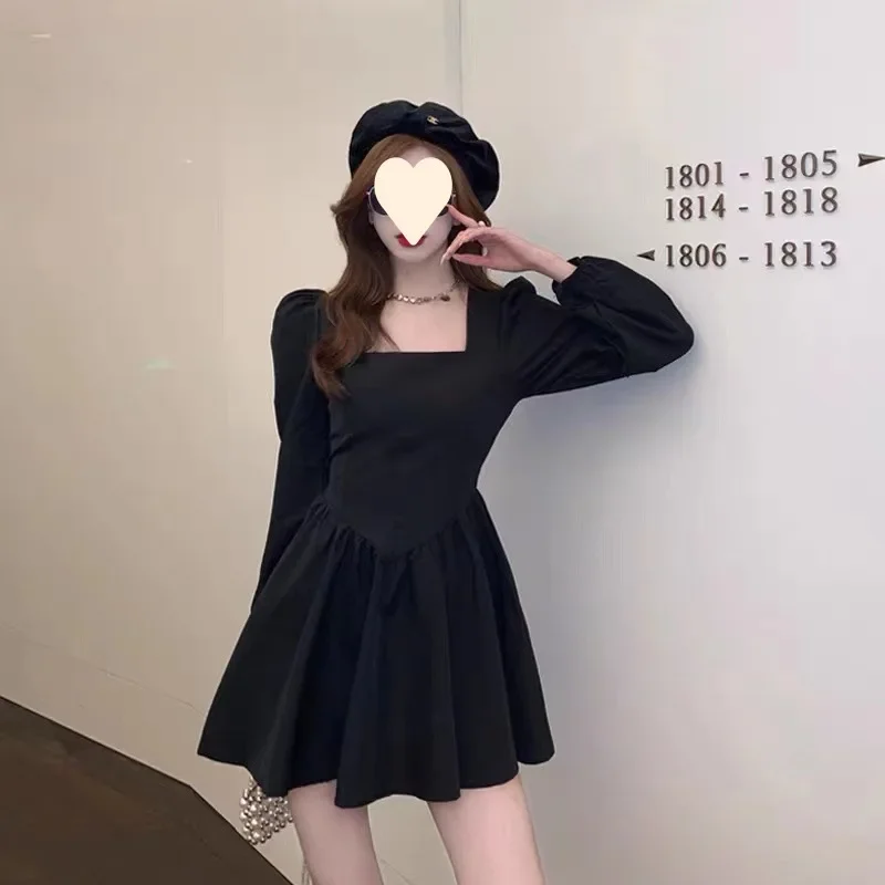 

Women Puff Long Sleeve Slim Dress Fashion Korean Versatile Dress Vintage Square Neck Party Cloth Female Sexy Sweet Dress Платье