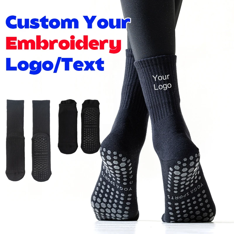 5pairs Custom Embroidery Personalized Logo Gym Women Thick Cotton Crew Grip Pilates Yoga Sock Anti-Slip Non Slip Socks Thickened