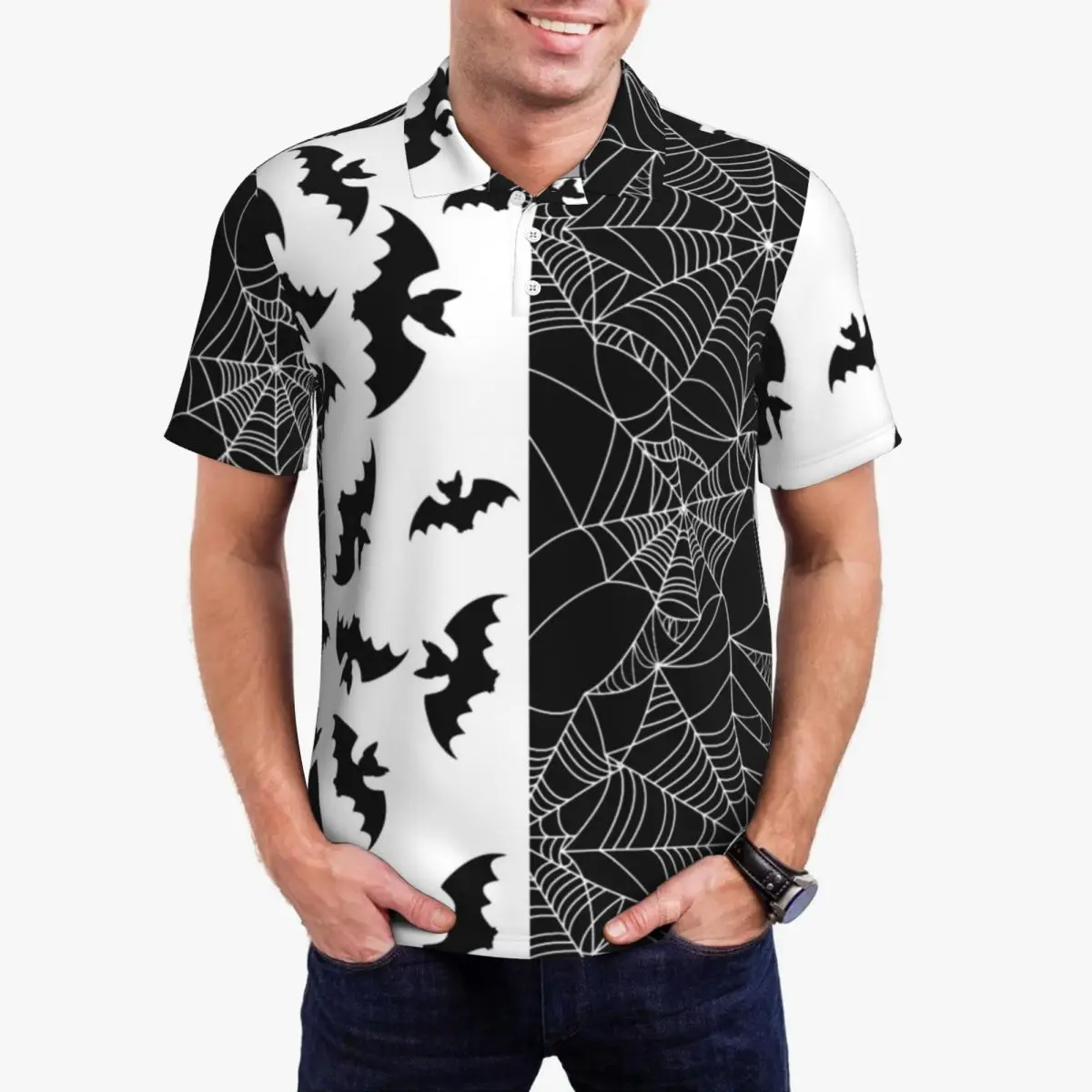 Black Bat Polo Shirts Mens Webs Print Two Tone Casual Shirt Date Vintage Collar T-Shirts Short Sleeve Design Oversize Tops