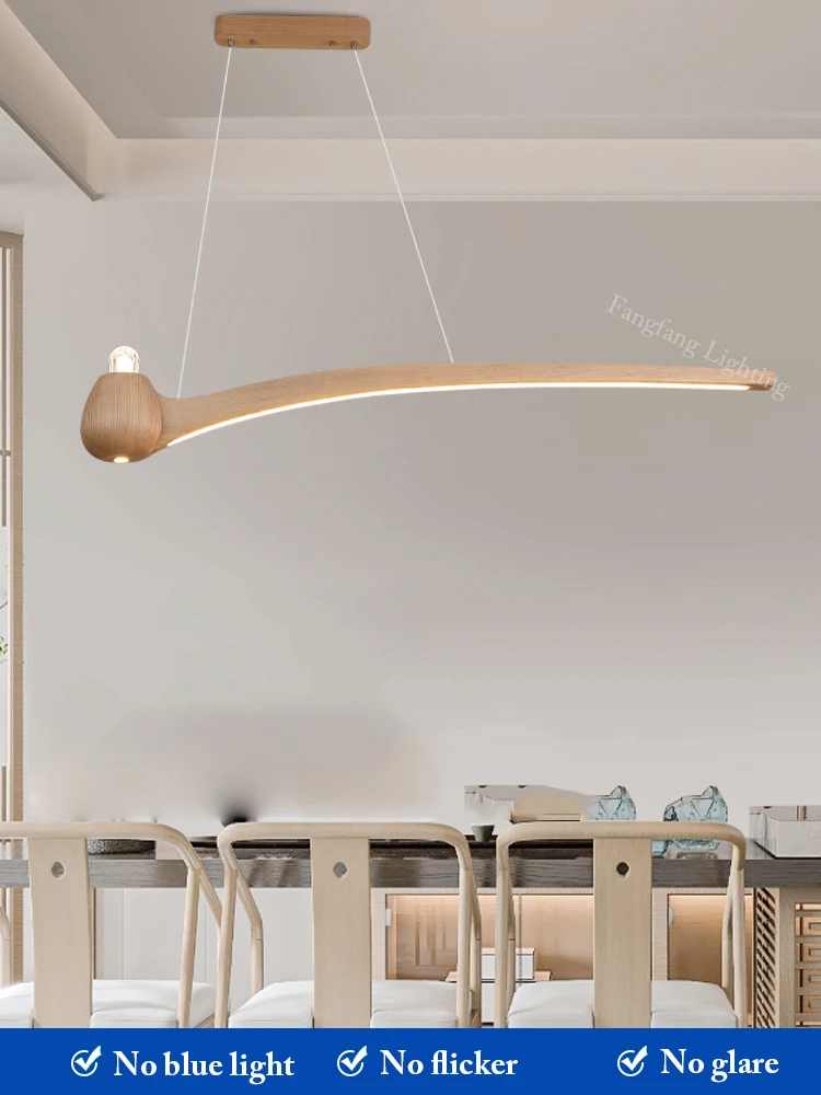 Chinese Solid Wood Long Linear Full Spectrum LED Pendant Lights Dimmable Indoor Hanging Lamps Kitchen Dining Living Room Office