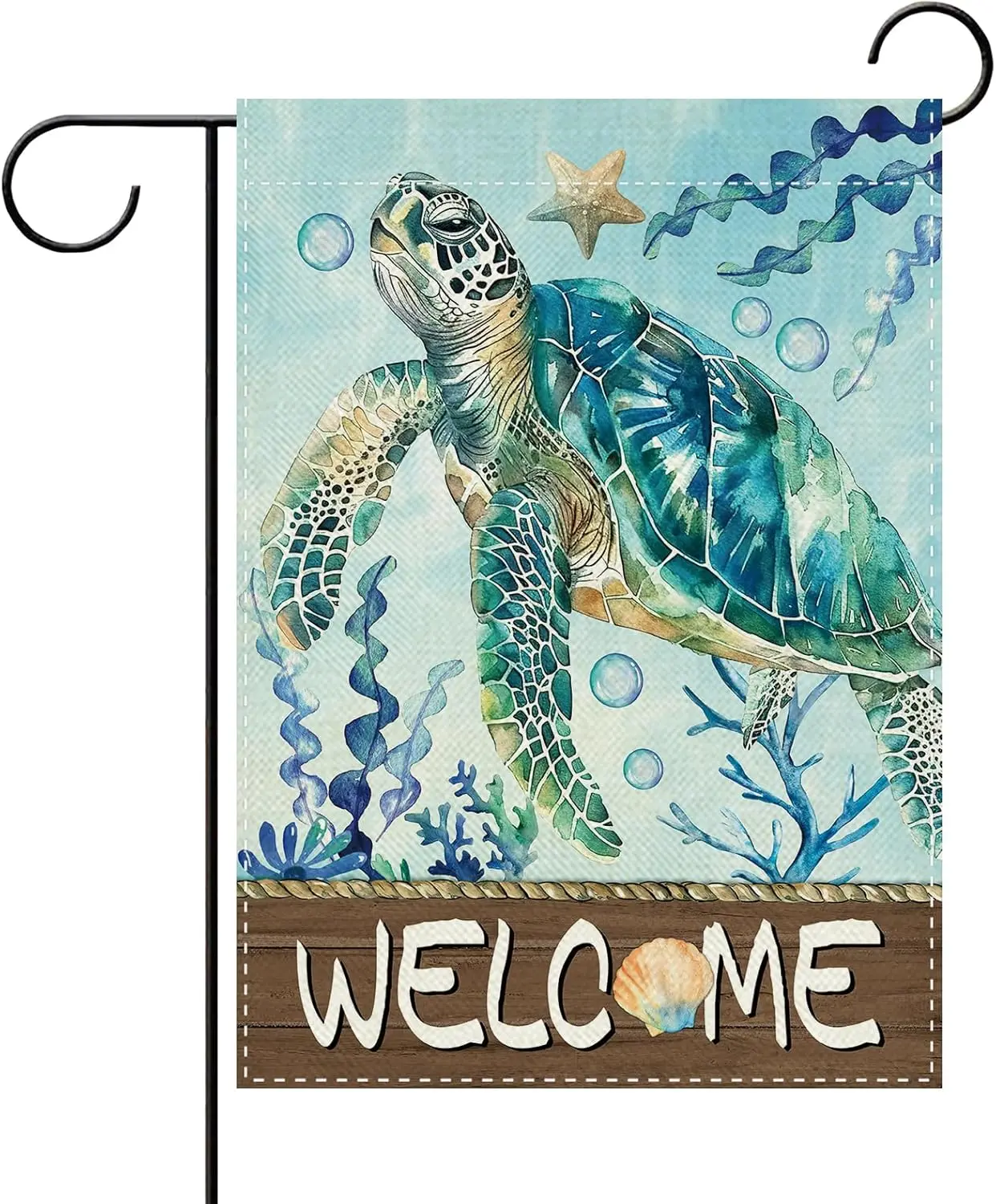 Welcome Summer Under The Sea Turtle Decorative Garden Flag, Coastal Ocean Seaweed Small Yard Outside Decorations, Nautical F jjp