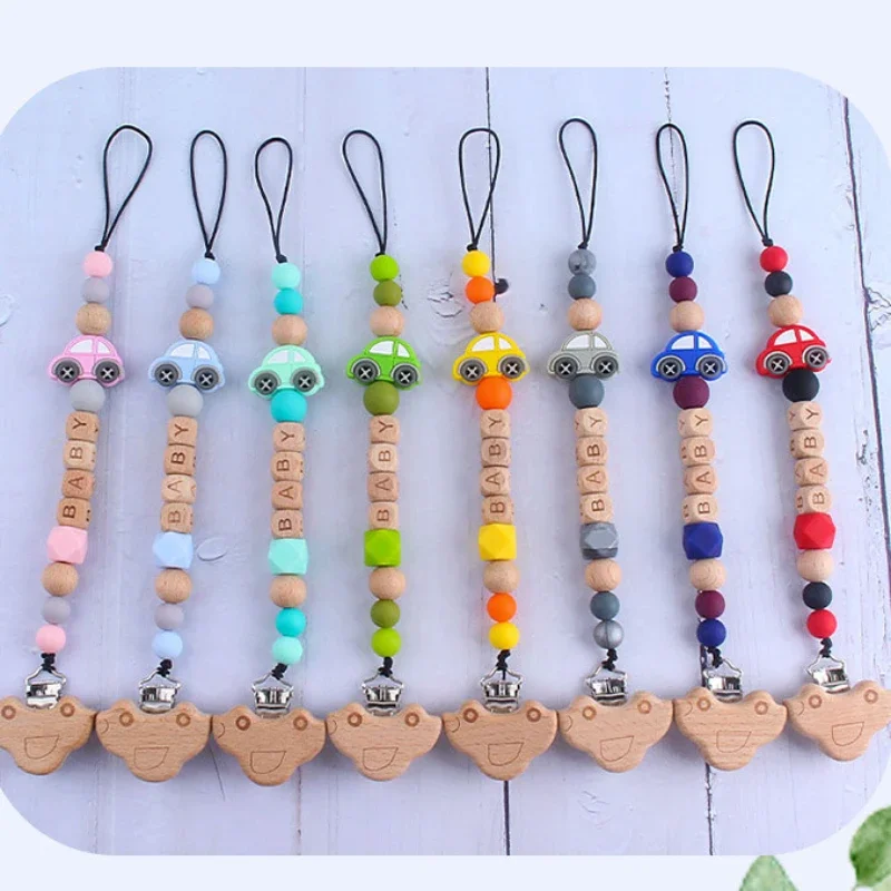 الطفل مشابك مصاصة للرضع اسم شخصي DIY بها بنفسك سيارة خشبية الدمية الحلمات حامل كليب سلسلة الوليد التسنين ملحقات لعبة التغذية
