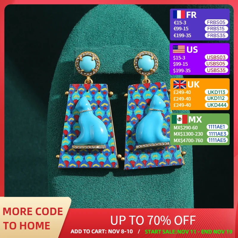 

Vintage Contrasting Blue Enamel Cat Earrings Dangle Exaggerate Luxury Retro Antique Jewelry for Woman Gold Color Accessories