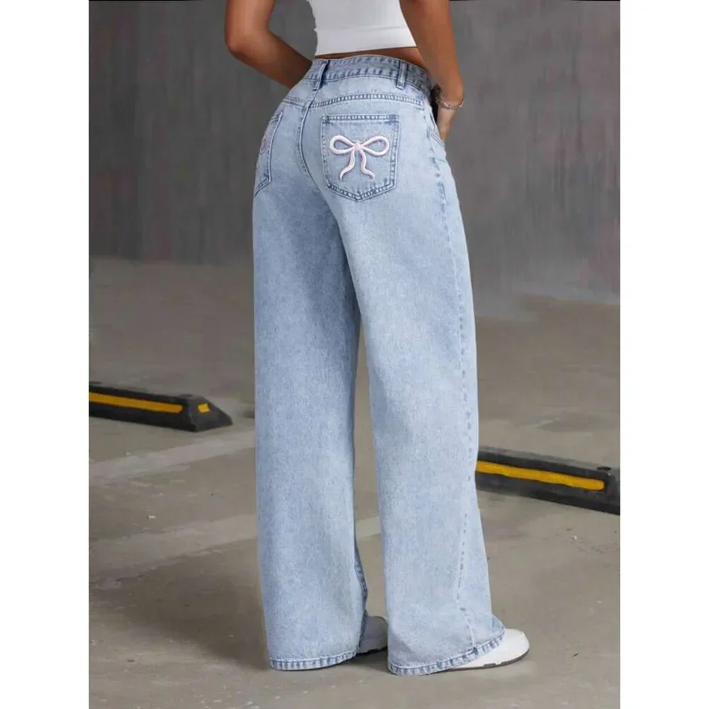 Celana Jeans Wanita Model Wide Leg Bordir Pinggang Tinggi Distressed Washed Kantong Vintage Panjang Lantai Streetwear 2025