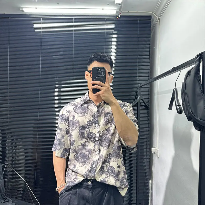 Dark Ink Painting Ice Silk Draping Printed Shirt Summer Short Sleeve Men Clothing Cuban Collar Half Coat Fashion