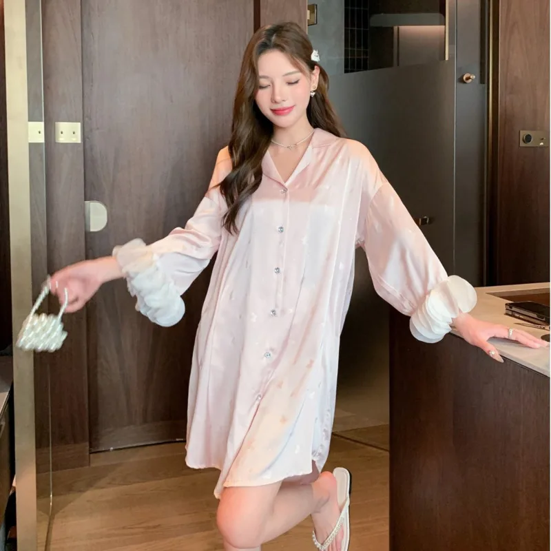 

2025 Spring Autumn Fashion Butterfly Shirt Nightdress Ice Silk Lace Women Pajamas Two Piece Set Long Sleeve Nightgown Sleepwear
