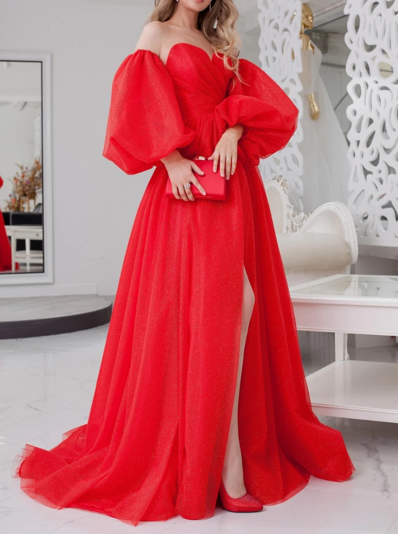 

High End Euramerican Slash Neck Puff Sleeve Formal Dresses Spring Summer Soft Slim Waist Long Vestidos Sexy High Split Dress