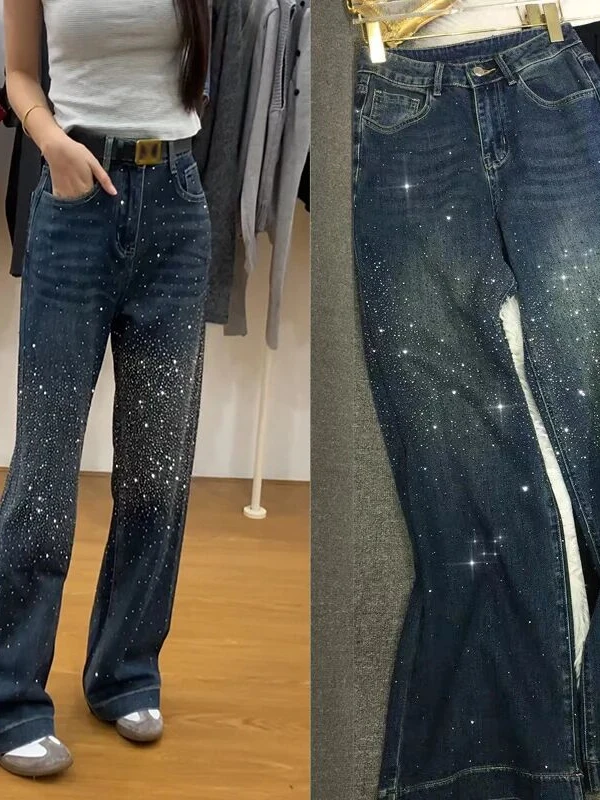 

Women's Mid-High Waist Straight Leg Jeans Shiny Slim Fit Heavy Embroidery Diamond Outerwear Spring Autumn Commute Style