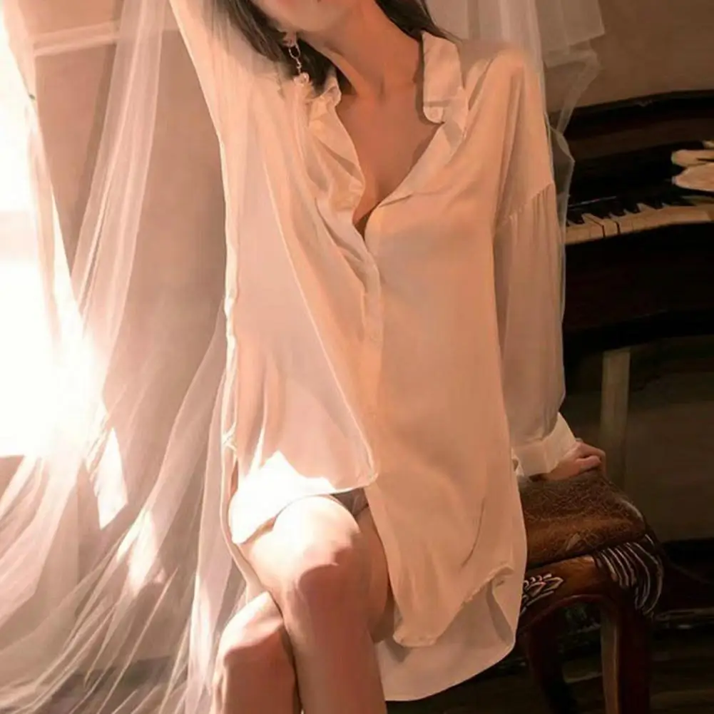 Sexy Satin Nightdress Boyfriend Style Women Sleepshirt Oversized Loose Single-breasted Irregular Hem Sleeping Dress Lingeries